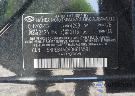 2013 Hyundai Sonata Gls z USA, uszkodzony, nr VIN 5NPEB4AC9DH615591